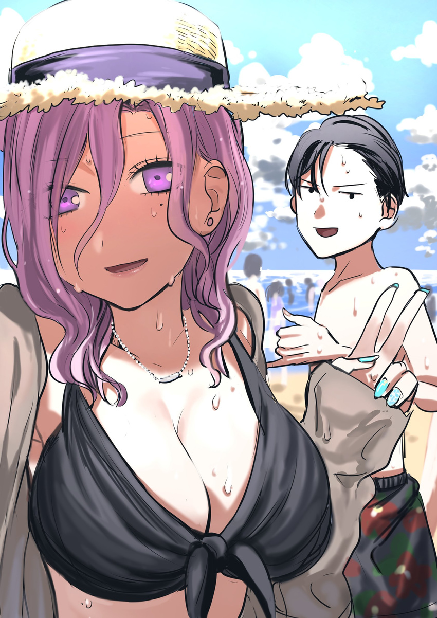 1girl :d bikini black_bikini black_hair blue_nails breasts cleavage hat highres jewelry koharu_(gomi_ik) large_breasts long_hair looking_at_viewer male_swimwear nail_polish necklace open_mouth original purple_eyes purple_hair smile swim_trunks swimsuit swimwear v wet