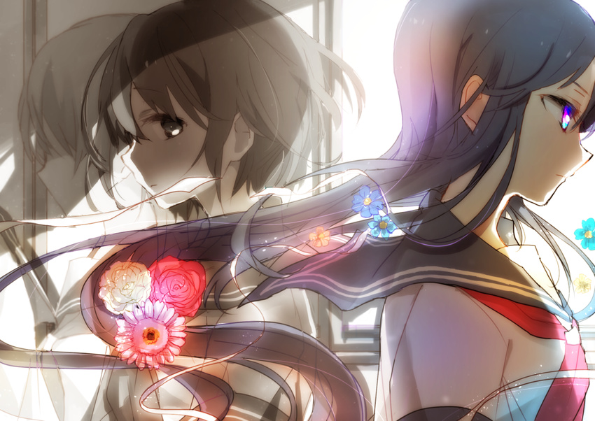 bad_id bad_pixiv_id bangs black_hair blue_flower brown_hair closed_mouth commentary_request eyebrows_visible_through_hair floating_hair flower from_side grey_eyes hiiragi_fuyuki long_hair looking_at_another multiple_girls neckerchief original profile purple_eyes red_flower red_neckwear red_rose rose school_uniform serafuku short_hair short_sleeves upper_body white_flower white_rose