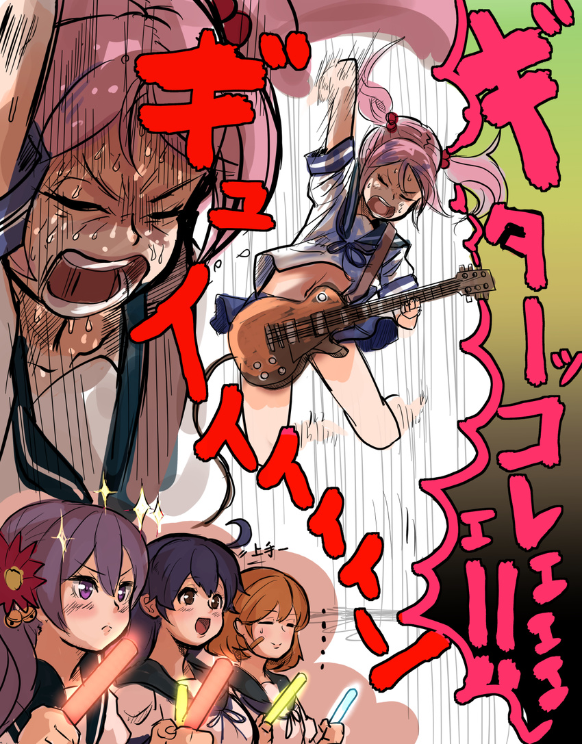 akebono_(kantai_collection) bandaid bandaid_on_face bell blue_skirt commentary flower glowstick guitar hair_bell hair_bobbles hair_flower hair_ornament hey_taishou highres instrument jingle_bell jumping kantai_collection long_hair multiple_girls oboro_(kantai_collection) pink_hair purple_eyes purple_hair sazanami_(kantai_collection) school_uniform serafuku short_hair short_sleeves side_ponytail skirt sparkle sweat translated twintails ushio_(kantai_collection) very_long_hair