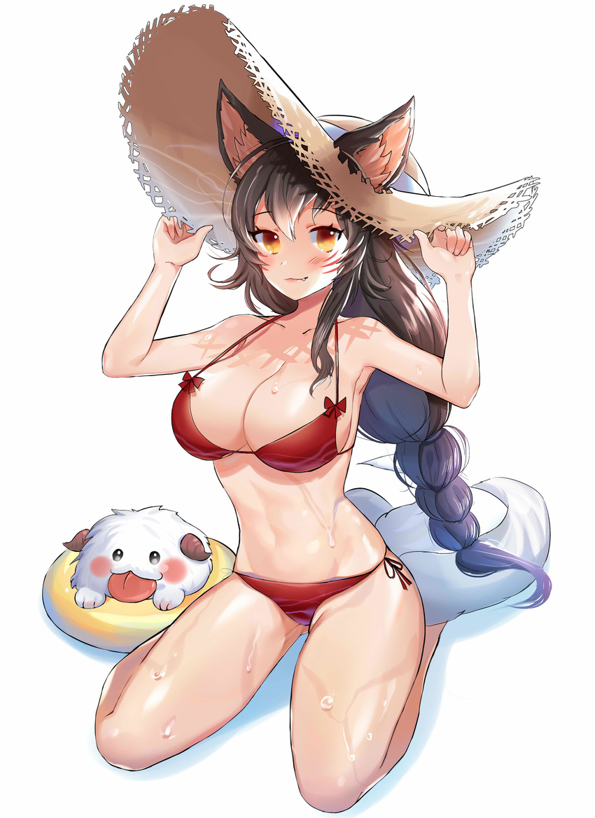 :3 absurdres ahri animal_ears bare_legs barefoot bikini braid breasts ears_through_headwear facial_mark fang_out hands_on_headwear hat highres innertube large_breasts league_of_legends long_hair looking_at_viewer multiple_tails navel poro_(league_of_legends) red_bikini shorarung side-tie_bikini single_braid sitting solo straw_hat sun_hat swimsuit tail very_long_hair wariza wet yellow_eyes