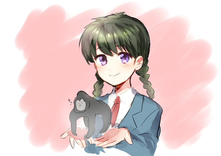 1girl black_hair blush braid gorilla kyoukai_no_rinne long_hair mamiya_sakura necktie purple_eyes school_uniform smile