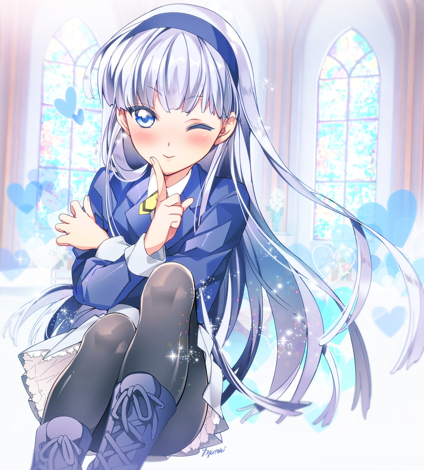 ;) ankle_boots black_legwear blazer blue_eyes blue_footwear blue_hairband blue_jacket blush boots cross-laced_footwear finger_to_mouth hairband highres iyutani jacket lace-up_boots long_hair looking_at_viewer magic_knight_rayearth one_eye_closed pantyhose ryuuzaki_umi silver_hair sitting smile solo