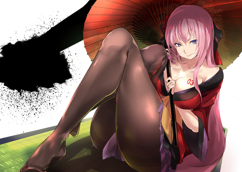 black_legwear blue_eyes breasts cleavage endou_(zettai_bluenoid) hana_(module) japanese_clothes kimono large_breasts long_hair looking_at_viewer megurine_luka oriental_umbrella pantyhose project_diva_(series) project_diva_2nd purple_hair sitting smile solo tatami thighband_pantyhose umbrella vocaloid