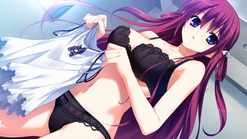 bangs bare_arms bare_shoulders black_bra black_panties blue_eyes bra breasts camisole cleavage clothes_removed cowboy_shot day dutch_angle eyebrows_visible_through_hair fumio_(ura_fmo) game_cg grisaia_(series) grisaia_no_kajitsu hair_ribbon holding indoors long_hair looking_at_viewer medium_breasts navel panties parted_lips red_hair ribbon shirt sleeveless sunlight suou_amane tied_hair underwear underwear_only white_ribbon white_shirt