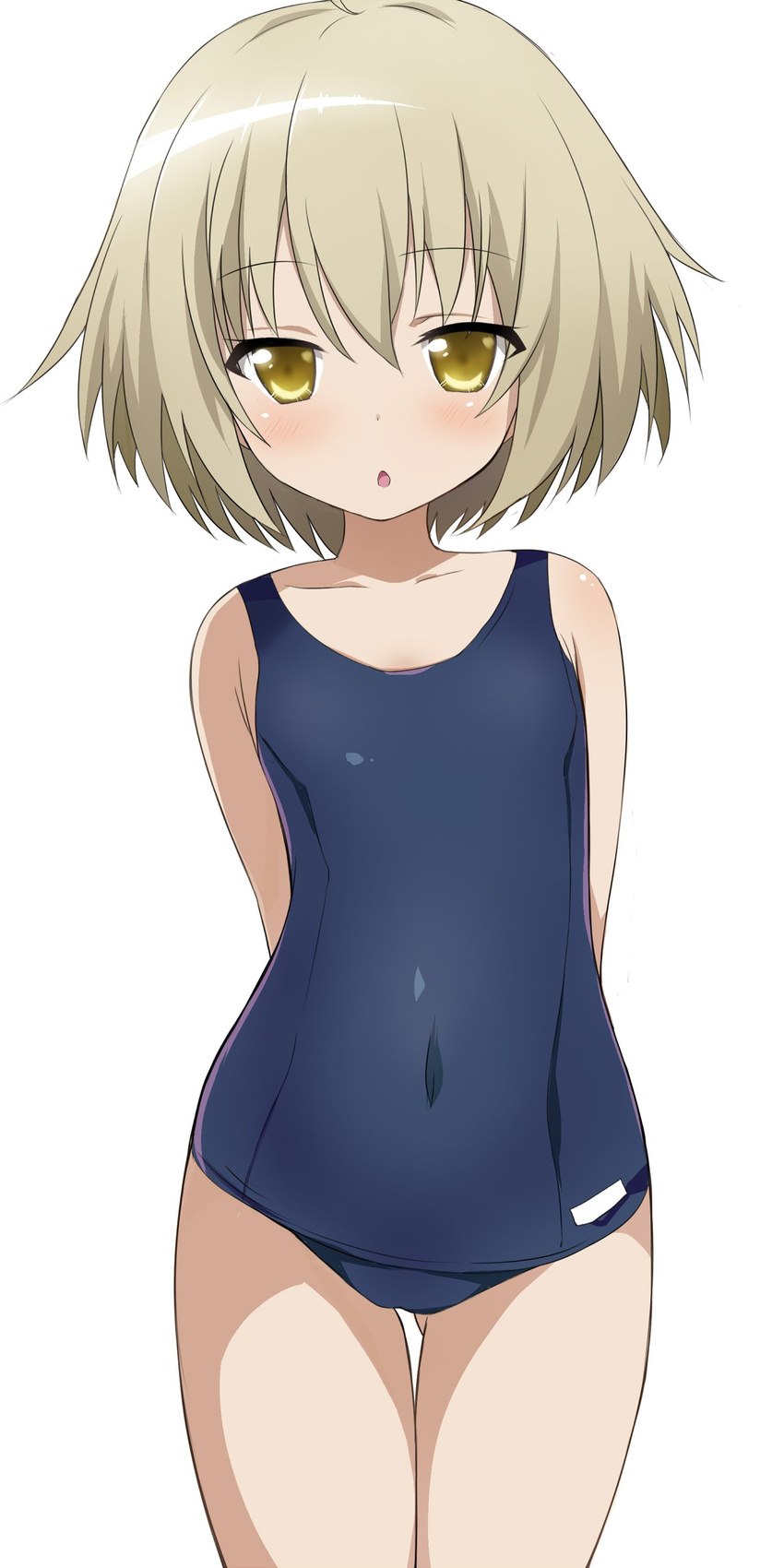 absurdres arms_behind_back brown_eyes brown_hair chestnut_mouth covered_navel highres kaneshiro_sora old_school_swimsuit one-piece_swimsuit open_mouth school_swimsuit shimejinameko short_hair solo swimsuit tenshi_no_3p!