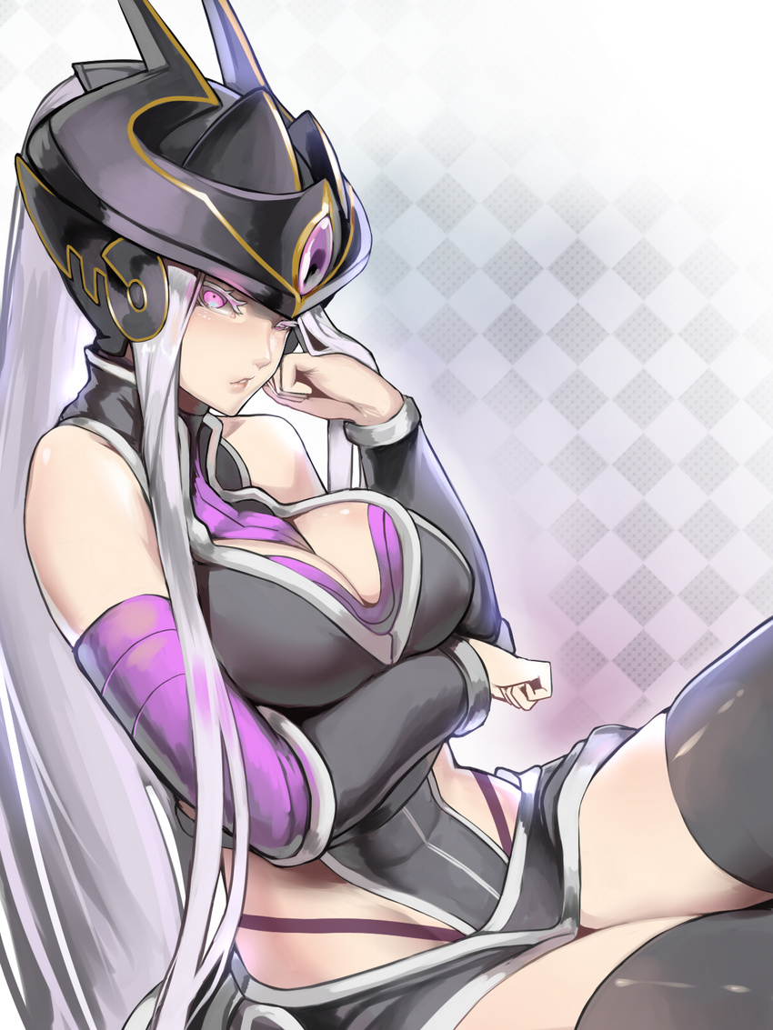 bare_shoulders black_legwear breasts cleavage detached_sleeves helmet highres kumiko_shiba large_breasts league_of_legends long_hair looking_at_viewer one_eye_closed ponytail purple_eyes silver_hair solo syndra thighhighs very_long_hair