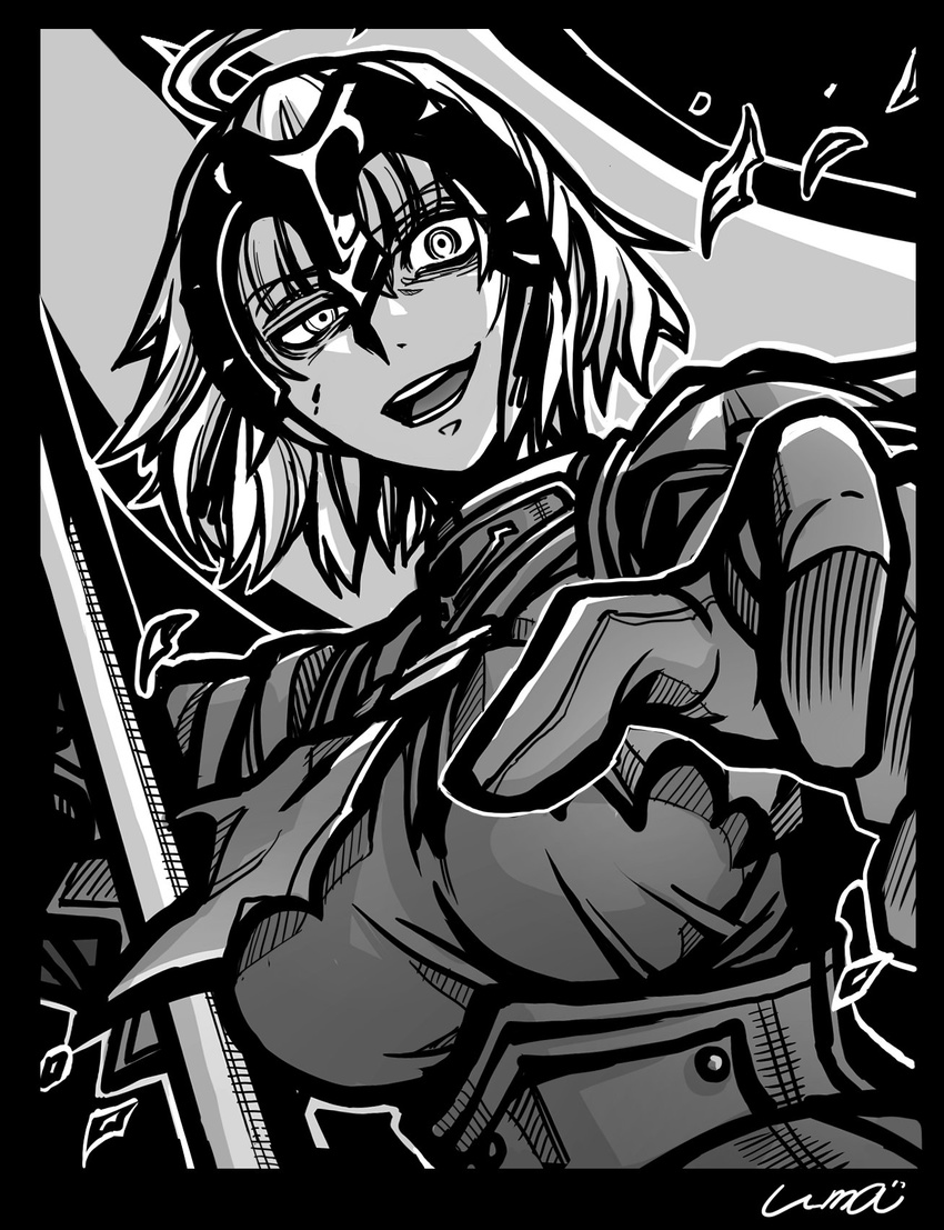 ahoge armor armored_dress banner breasts fate/grand_order fate_(series) gloves greyscale headpiece highres hirano_kouta_(style) jeanne_d'arc_(alter)_(fate) jeanne_d'arc_(fate)_(all) large_breasts looking_at_viewer monochrome open_mouth parody short_hair smirk solo style_parody yuuma_(u-ma)
