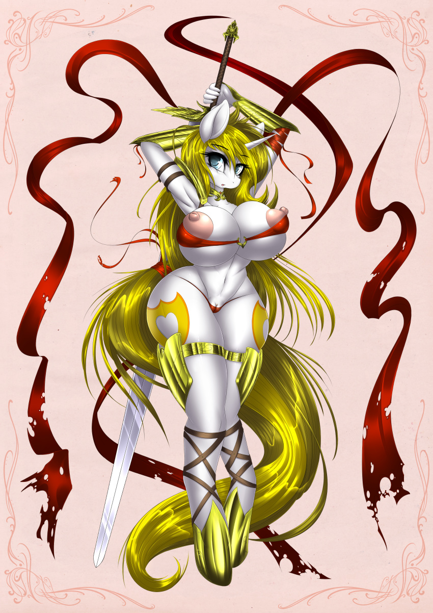2018 anthro areola armor big_breasts big_nipples blue_eyes breasts camel_toe clothing equine fan_character female horn horse hourglass_figure huge_breasts looking_at_viewer mammal melee_weapon mirapony my_little_pony navel nipples nude panties puffy_nipples pussy solo sword thong unconvincing_armor underwear unicorn voluptuous weapon white_heart_(oc)