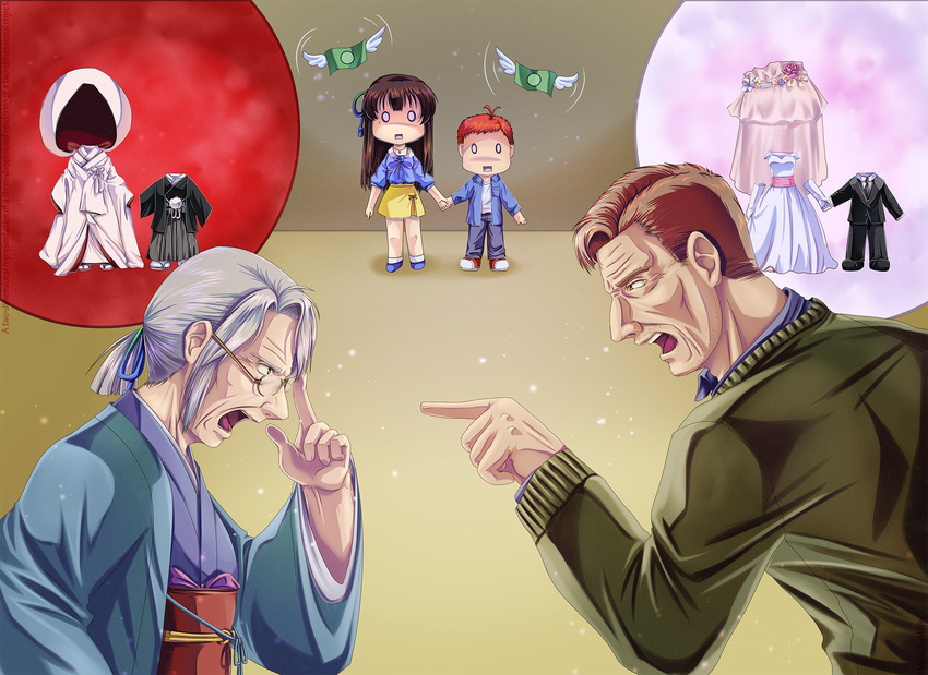 2boys 2girls alternate_costume arguing black_hair blue_ribbon bridal_veil brown_eyes chibi chibi_inset commentary dress eye_contact facial_hair father_and_son formal glasses gloves grandmother_and_granddaughter green_ribbon grey_hair hair_intakes hair_ribbon hakama haori height_difference highres holding_hands iowa_(pacific) japanese_clothes jewelry kantai_collection kimi_no_na_wa kimono looking_at_another melisaongmiqin miyamizu_hitoha mole mole_under_eye money multicolored multicolored_ribbon multiple_boys multiple_girls necklace no_hat no_headwear old_woman open_mouth pacific pointing red_hair ribbon scared solid_oval_eyes star star_necklace stubble suit turn_pale uchikake veil wedding_dress white_gloves