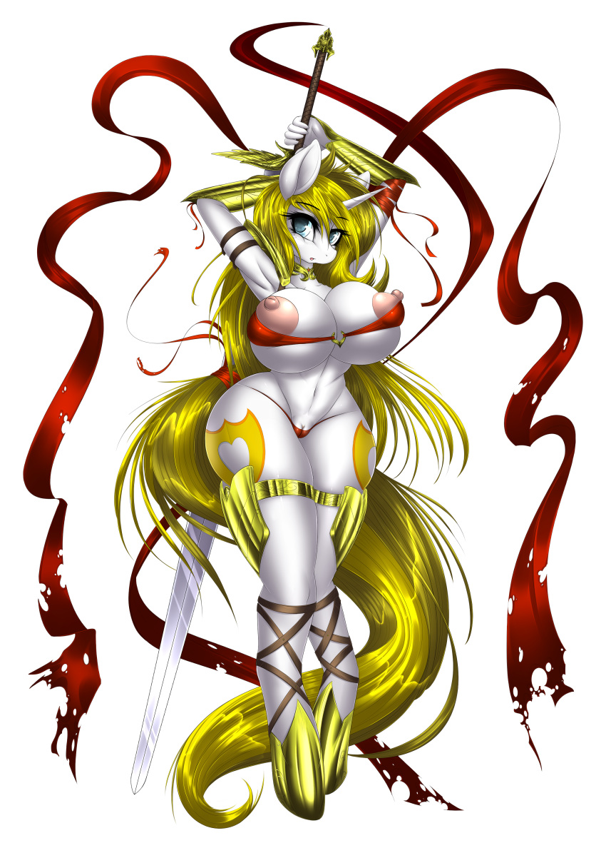 2018 anthro areola armor big_breasts big_nipples blue_eyes breasts camel_toe clothing equine fan_character female horn horse hourglass_figure huge_breasts looking_at_viewer mammal melee_weapon mirapony my_little_pony navel nipples nude panties puffy_nipples pussy simple_background solo sword thong unconvincing_armor underwear unicorn voluptuous weapon white_heart_(oc)