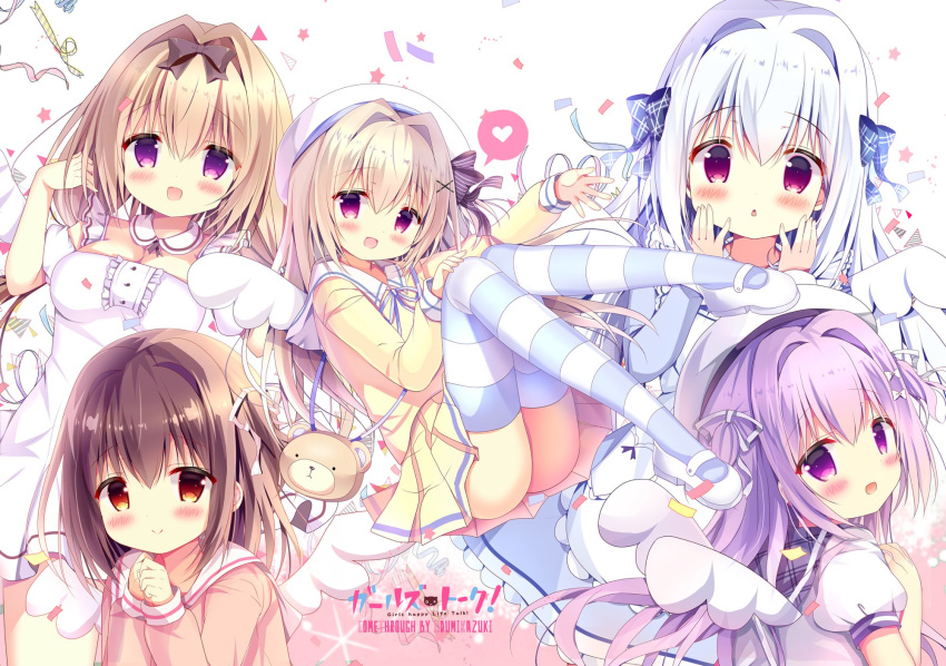 5girls :d animal_bag apron arm_up ass azumi_kazuki bag bangs bear_bag beret black_bow blue_bow blue_dress blush bow breasts brown_eyes brown_footwear brown_shirt center_frills cleavage closed_mouth collared_dress commentary_request detached_sleeves dress eyebrows_visible_through_hair fingernails frilled_apron frills hair_between_eyes hair_bow hair_intakes hair_ornament hair_ribbon hand_on_own_knee hand_up handbag hands_up hat head_tilt heart highres light_brown_hair loafers long_hair long_sleeves looking_at_viewer looking_back mary_janes medium_breasts mini_wings multiple_girls neck_ribbon open_mouth original own_hands_together parted_lips plaid_sailor_collar pleated_skirt puffy_short_sleeves puffy_sleeves purple_eyes purple_hair purple_ribbon purple_sailor_collar red_eyes ribbon sailor_collar school_uniform serafuku shirt shoe_soles shoes short_sleeves shoulder_bag silver_hair skirt sleeves_past_wrists smile snowflakes spoken_blush spoken_heart star striped striped_bow striped_legwear thighhighs two_side_up very_long_hair white_apron white_dress white_footwear white_hat white_ribbon white_sailor_collar white_shirt white_sleeves white_wings wings x_hair_ornament yellow_shirt yellow_skirt