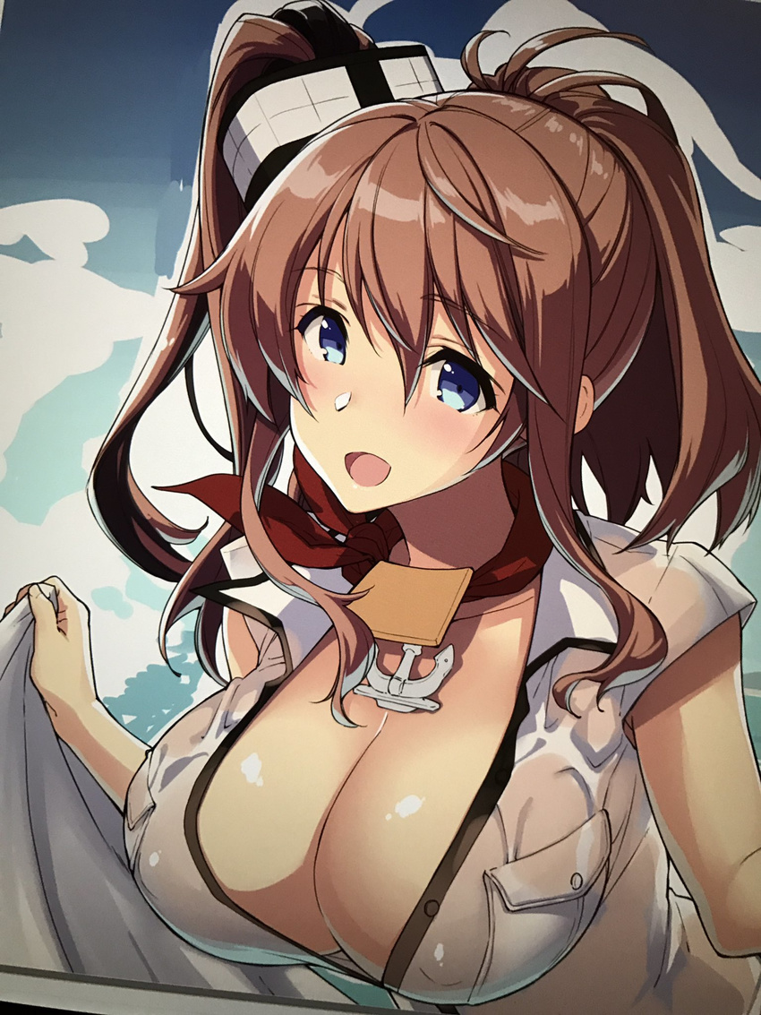 anchor blue_eyes breast_pocket breasts brown_hair dress dress_lift hair_between_eyes highres kantai_collection kekocha large_breasts long_hair looking_at_viewer neckerchief no_bra open_clothes open_dress pocket ponytail red_neckwear saratoga_(kantai_collection) see-through side_ponytail sidelocks solo upper_body wet wet_clothes white_dress
