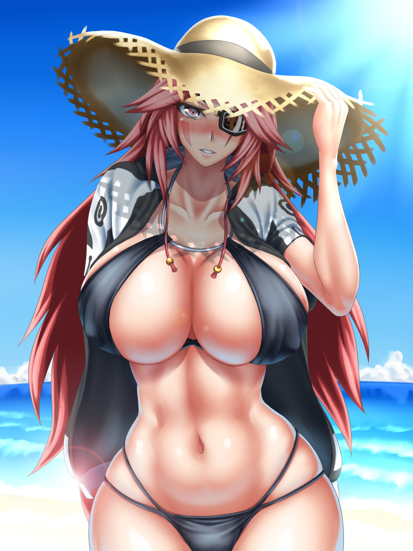 arm_up baiken beach bikini black_bikini blush breasts cleavage collarbone curvy day eyepatch goggles guilty_gear guilty_gear_xrd hat highres hips large_breasts lens_flare long_hair looking_at_viewer md5_mismatch navel parted_lips pink_hair shadow solo straw_hat sun sun_hat swimsuit tama_(tamakaka1031) very_long_hair wide_hips