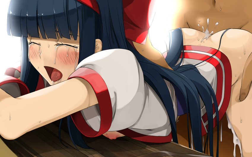 1girl areolae ass bent_over black_hair blush bottomless breasts butt_crack clothed_female_nude_male crying cum cum_on_lower_body cumdrip drooling eyes_closed hair_ornament highres japanese_clothes legs long_hair nakoruru nipples open_clothes open_mouth saliva samurai_spirits sex small_breasts snk solo_focus sweat table tears teitetsu_kishidan thighs vaginal