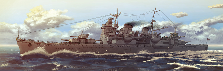 cloud commentary_request cruiser day earasensha flag heavy_cruiser highres imperial_japanese_navy military military_vehicle myoukou_(cruiser) no_humans ocean outdoors real_life ship sky smokestack sunburst turret warship watercraft waves world_war_ii