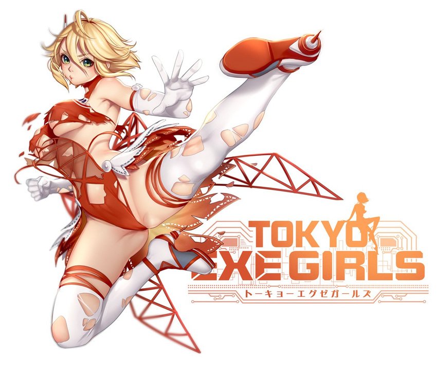 bangs bare_shoulders blonde_hair breasts elbow_gloves full_body gloves green_eyes high_heels kicking leotard logo masami_chie medium_breasts red_leotard short_hair simple_background sleeveless solo tokyo_exe_girls torn_clothes white_background white_gloves white_legwear