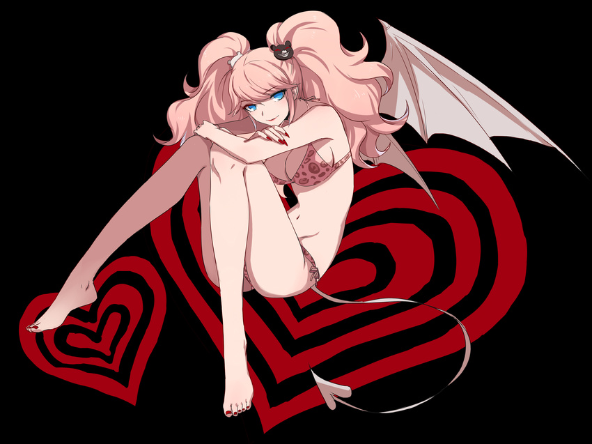 absurdres bangs bare_arms bare_legs bare_shoulders barefoot bear_hair_ornament bikini blue_eyes breasts cleavage closed_mouth collarbone danganronpa demon_girl demon_horns demon_tail demon_wings enoshima_junko eyebrows_visible_through_hair feet fingernails full_body groin hair_ornament heart highres horns knees_to_chest large_breasts leg_hug long_fingernails long_hair looking_at_viewer nail_polish navel pink_bikini pink_hair pink_lips print_bikini red_nails sharp_fingernails side-tie_bikini sitting solo spoilers spread_wings stomach super_danganronpa_2 swimsuit tail toenail_polish toenails toes twintails wings yolk_tomatosauce