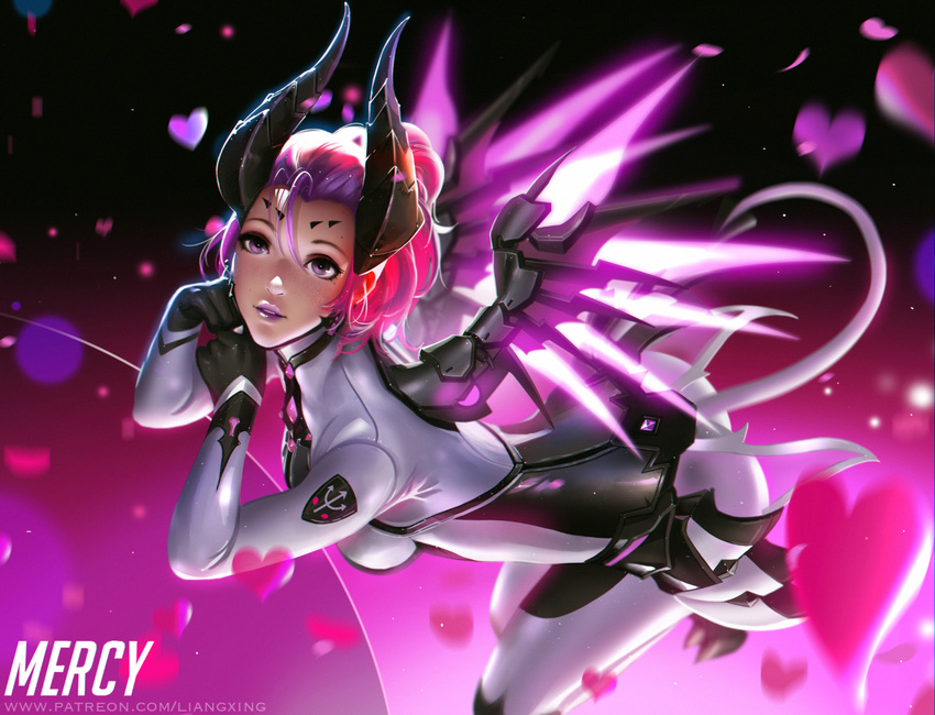 alternate_costume alternate_hair_color character_name demon_girl demon_tail heart horns imp_mercy liang_xing looking_at_viewer mechanical_wings mercy_(overwatch) overwatch parted_lips purple_hair solo tail wings