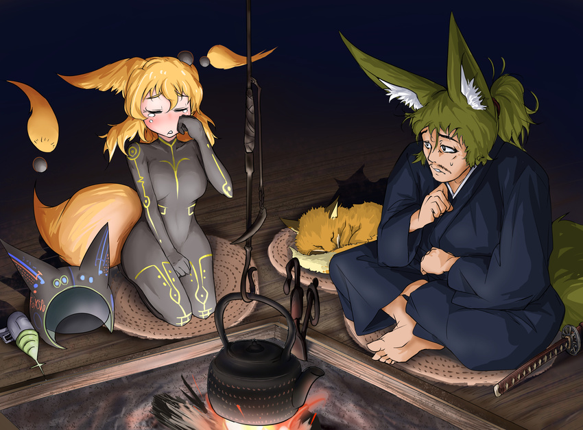 1girl absurdres anachronism animal_ears barefoot blonde_hair blue_kimono blush bodysuit boiling breasts closed_eyes commentary_request doitsuken energy_gun facial_hair fire fox fox_ears fox_tail grey_bodysuit hand_on_own_cheek headwear_removed helmet helmet_removed highres indian_style indoors japanese_clothes kettle kimono looking_at_another medium_breasts mustache orange_fur orange_hair original ponytail ray_gun science_fiction seiza short_hair sitting stove sweatdrop tail teapot tears time_travel weapon