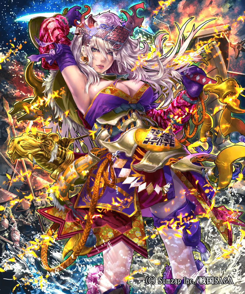 arm_up armor armpits boots breasts cleavage closed_mouth commentary_request cowboy_shot earrings fire gloves green_eyes headgear highres holding holding_sword holding_weapon japanese_armor japanese_clothes jewelry kaburagi_yasutaka knee_boots large_breasts light_smile long_hair looking_away official_art over_shoulder purple_gloves sengoku_saga silver_hair solo sword weapon weapon_over_shoulder