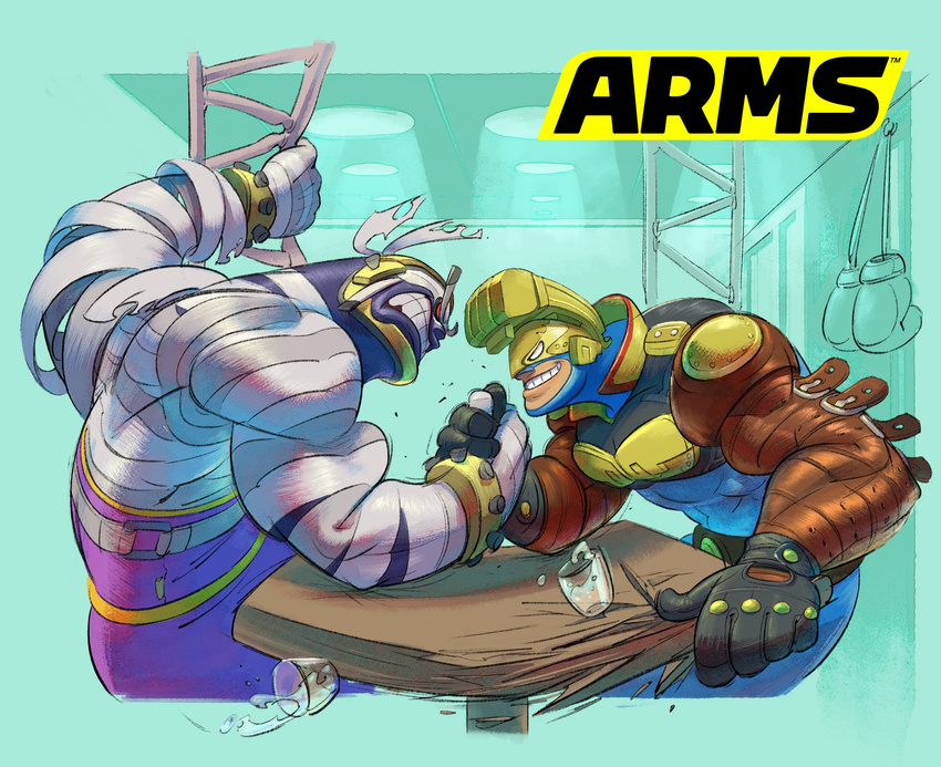 aqua_background arm_wrestling arms_(game) biceps black_gloves bodysuit boxing_gloves clenched_teeth commentary_request gloves grin helmet highres ishikawa_masaaki logo master_mummy_(arms) max_brass monster_boy multiple_boys mummy no_pupils official_art simple_background smile table teeth wrestling_outfit