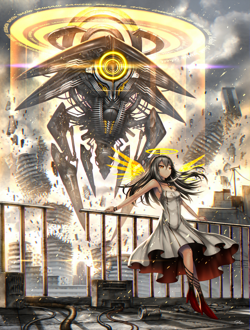 cable cityscape cloud cloudy_sky commentary_request destruction dress explosion gia grey_hair halo high_heels highres leaning_back long_hair looking_afar mecha original railing red_eyes robot scp-2000 scp_foundation silver_hair sky solo white_dress wings