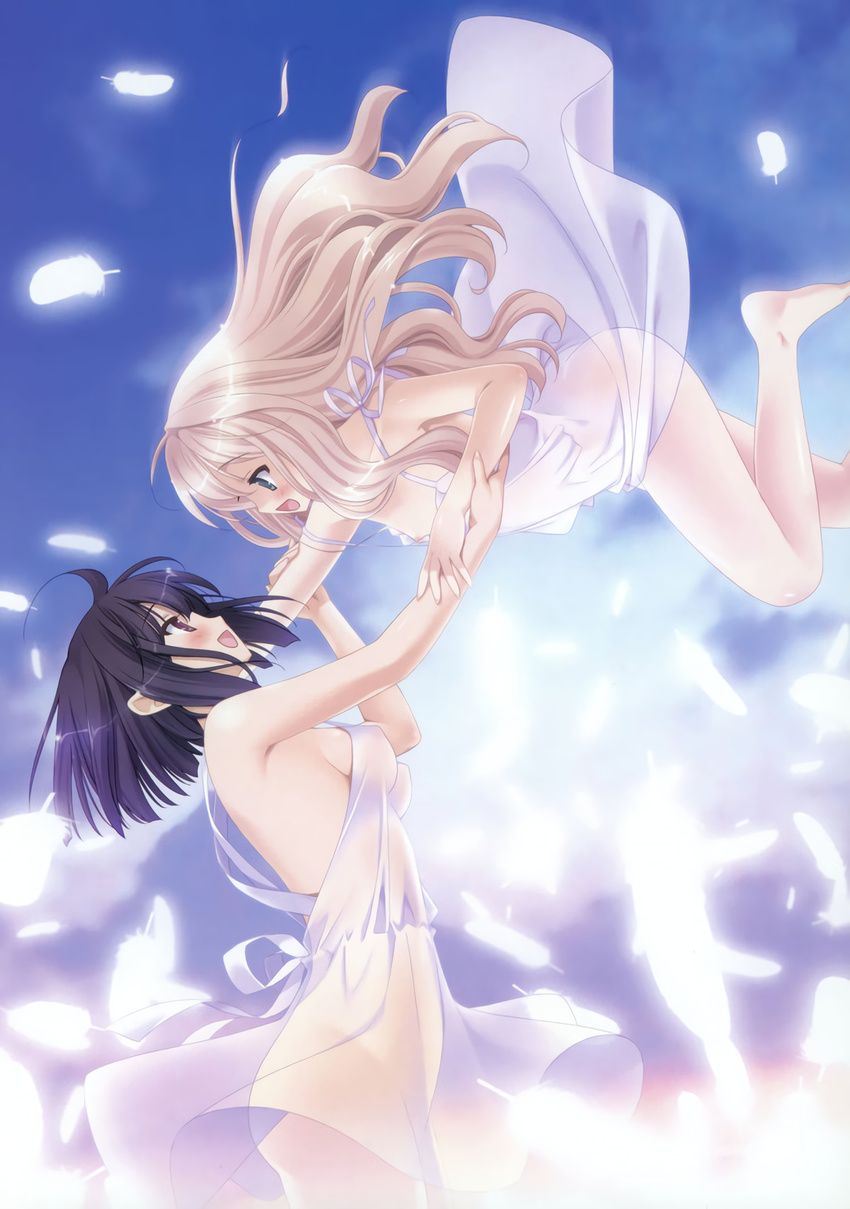 2girls ass black_hair blonde_hair breasts couple feathers green_eyes happy kawamura_reo looking_at_another medium_breasts multiple_girls official official_art peko purple_eyes sawaguchi_mai simple_background small_breasts smile sono_hanabira_ni_kuchizuke_wo transparent_clothes yuri
