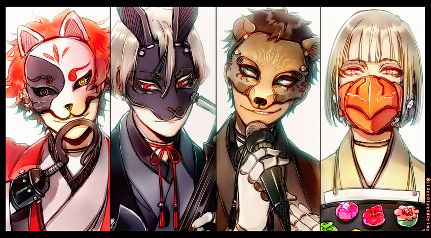 bear_mask bird_mask black_border blue_hair bonnie_(fnaf) border brown_hair bunny_mask chica column_lineup five_nights_at_freddy's food fox_mask foxy_(fnaf) freddy_fazbear grey_eyes heterochromia highres hook_hand instrument japanese_clothes mask microphone multiple_boys personification pink_eyes red_eyes red_hair rosel-d shamisen short_hair silver_eyes simple_background smile tray upper_body wagashi white_background yellow_eyes