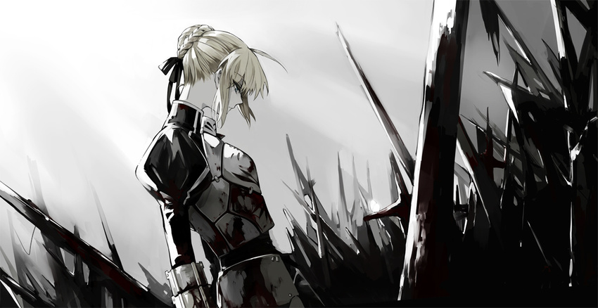ahoge armor armored_dress artoria_pendragon_(all) blonde_hair blood bloody_clothes fate/stay_night fate_(series) field_of_blades gauntlets hair_bun hair_ribbon juliet_sleeves long_sleeves muted_color planted_sword planted_weapon profile puffy_sleeves ribbon saber solo sword weapon zmore