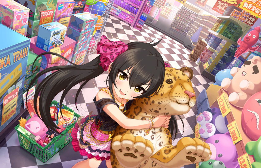 artist_request bangs bare_shoulders basket belt black_hair blush bracelet checkered checkered_floor frills idolmaster idolmaster_cinderella_girls idolmaster_cinderella_girls_starlight_stage jewelry long_hair looking_at_viewer low_twintails matoba_risa necklace official_art open_mouth shop skirt smile solo stuffed_animal stuffed_leopard stuffed_toy toy toy_store twintails yellow_eyes