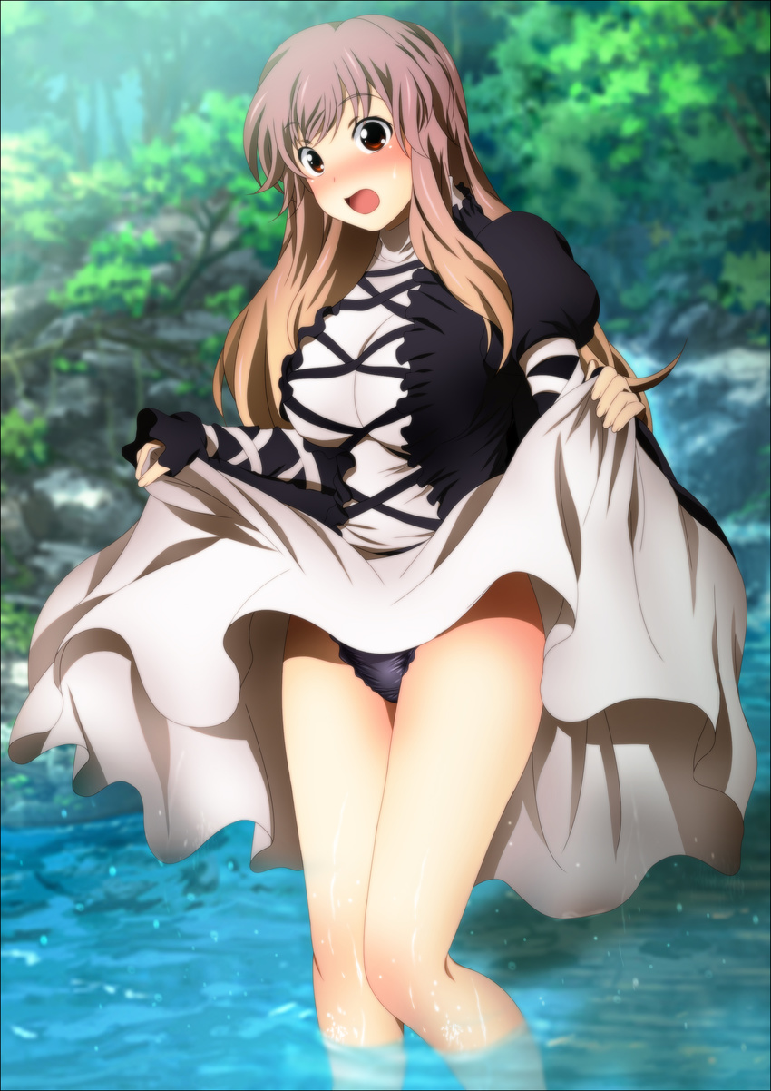 1girl absurdres bare_legs black_panties blush breasts brown_hair dress dress_lift eyebrows eyebrows_visible_through_hair highres hijiri_byakuren holding large_breasts legs long_hair long_sleeves looking_at_viewer open_mouth outdoors panties pantyshot pantyshot_(standing) red_eyes river solo standing thighs touhou trees underwear water yadokari_genpachirou