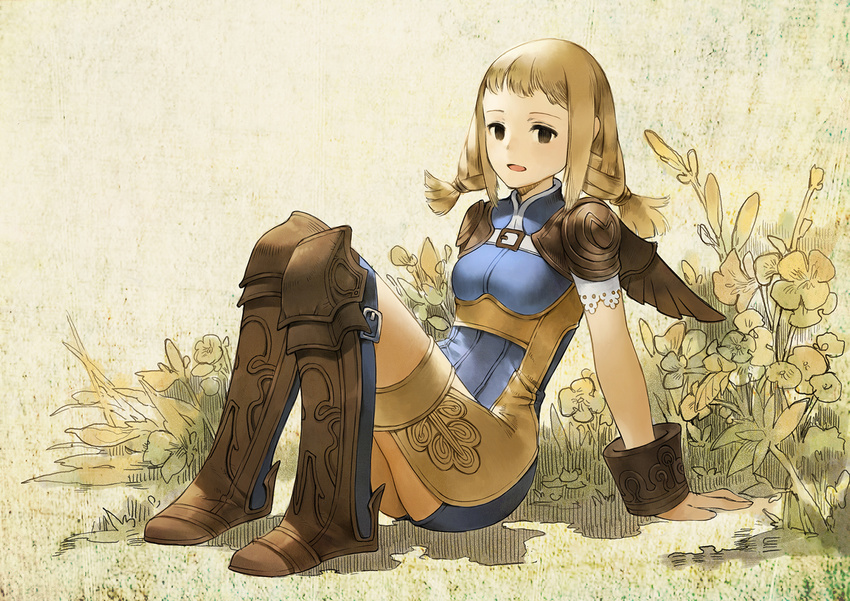 ass baiguiyu blonde_hair boots bracer final_fantasy final_fantasy_xii flower highres knee_boots kneehighs looking_at_viewer open_mouth penelo plant reclining sitting smile solo twintails