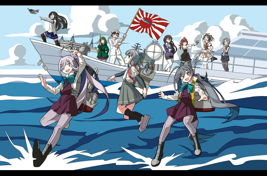 6+girls :d ;d admiral_(kantai_collection) ahoge antenna_hair antennae arashi_(kantai_collection) arm_warmers asashimo_(kantai_collection) ashigara_(kantai_collection) asymmetrical_hair backpack bag bangs black_hair black_legwear black_skirt blue_eyes blue_skirt boat boots bow bowtie breasts brown_eyes brown_hair closed_eyes commentary_request cross-laced_footwear crossed_arms double_bun flag flipped_hair from_side glasses gloves green_hair grey_hair hair_over_one_eye hairband hand_behind_head hand_on_hip hand_on_own_face happi hat highres hip_vent holding holding_flag holding_microphone idol japanese_clothes kantai_collection kasumi_(kantai_collection) kiyoshimo_(kantai_collection) lace-up_boots long_hair low_twintails messy_hair microphone military military_uniform multiple_girls naka_(kantai_collection) naval_uniform ndkazh neckerchief nowaki_(kantai_collection) ocean one_eye_closed ooyodo_(kantai_collection) open_mouth pantyhose peaked_cap pencil_skirt pleated_skirt pointing pointing_forward purple_legwear radar radio_antenna randoseru red_hair remodel_(kantai_collection) rising_sun school_uniform seaplane searchlight serafuku sharp_teeth shirt short_sleeves side_ponytail silver_eyes silver_hair skirt small_breasts smile sunburst suspenders swept_bangs teeth thighhighs twintails uniform v-shaped_eyebrows very_long_hair vest watercraft wavy_hair white_gloves white_shirt yellow_eyes yuugumo_(kantai_collection)