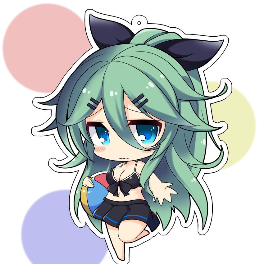 alternate_costume aqua_eyes ball beachball bikini bikini_top black_bikini breasts chibi cleavage green_hair hair_between_eyes hair_ornament hair_ribbon hairclip highres kantai_collection large_breasts long_hair looking_at_viewer navel peta_(taleslove596) pleated_skirt ribbon skirt solo swimsuit wavy_mouth yamakaze_(kantai_collection)