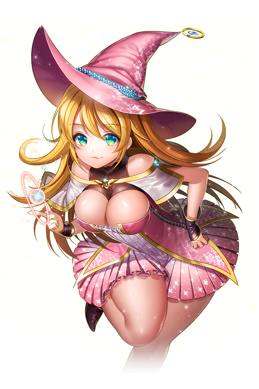 aile_(crossroads) aqua_eyes bangs blonde_hair blush breasts cleavage dress eyebrows_visible_through_hair hand_on_hip hat highres large_breasts leg_up lipstick long_hair looking_at_viewer magic makeup official_art pleated_skirt shiny short_dress sirius_(soccer_spirits) skirt smile soccer_spirits solo sparkle star star_print transparent_background witch_hat