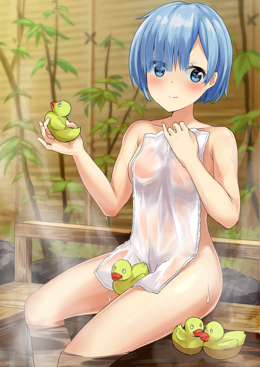 absurdres blue_eyes blue_hair blush breasts closed_mouth collarbone commentary covering eyes_visible_through_hair floating hair_over_one_eye highres holding looking_at_viewer medium_breasts nude_cover onsen partially_submerged plant re:zero_kara_hajimeru_isekai_seikatsu rem_(re:zero) ringocha_(appleteatea) rock rubber_duck see-through short_hair sitting smile solo towel wall wet white_towel wooden_bathtub