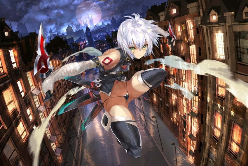 &gt;:) ass_visible_through_thighs bandaged_arm bandages black_legwear boots breasts cityscape dual_wielding elbow_gloves eyebrows_visible_through_hair fate/apocrypha fate_(series) folded_leg full_body full_moon gloves green_eyes hair_between_eyes hitaki_yuu holding holding_knife holding_weapon jack_the_ripper_(fate/apocrypha) knife leg_lift lowleg lowleg_panties midriff moon navel night outdoors panties scar sheath short_hair silver_hair small_breasts smile solo string_panties tattoo thigh_boots thighhighs underwear v-shaped_eyebrows weapon