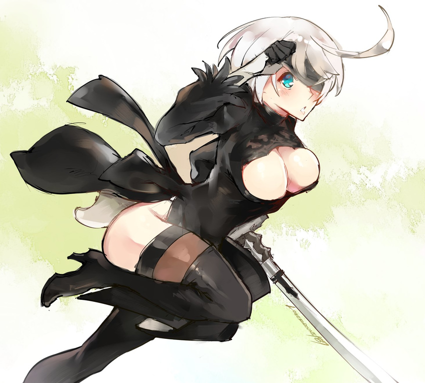ahoge alternate_hair_color black_dress black_footwear black_legwear blindfold blindfold_lift blue_eyes blush boots breasts cleavage commentary cosplay dress elphelt_valentine guilty_gear guilty_gear_xrd high_heel_boots high_heels highres huge_ahoge kenshin187 large_breasts long_sleeves nier_(series) nier_automata one_eye_covered running sheer_legwear short_hair silver_hair solo spoilers sword thigh_boots thighhighs thighhighs_under_boots weapon yorha_no._2_type_b yorha_no._2_type_b_(cosplay)