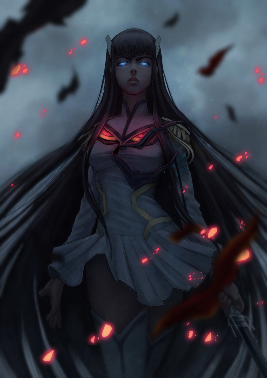 1girl absurdres black_hair blue_eyes epaulettes grey_sky hair_ornament highres holding holding_sword holding_weapon junketsu kill_la_kill kiryuuin_satsuki long_hair looking_at_viewer manip outdoors parted_lips solo standing sword thick_eyebrows thighhighs very_long_hair weapon white_legwear