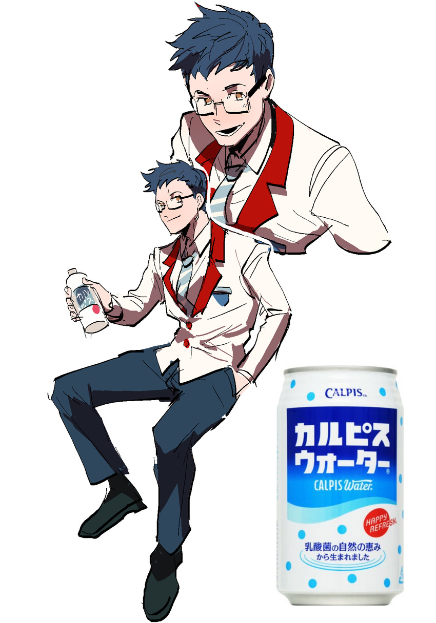 blue_hair bottle brown_eyes calpis glasses hand_in_pocket highres kendy_(revolocities) looking_at_viewer male_focus necktie original personification product_boy simple_background sitting smile solo striped striped_neckwear white_background