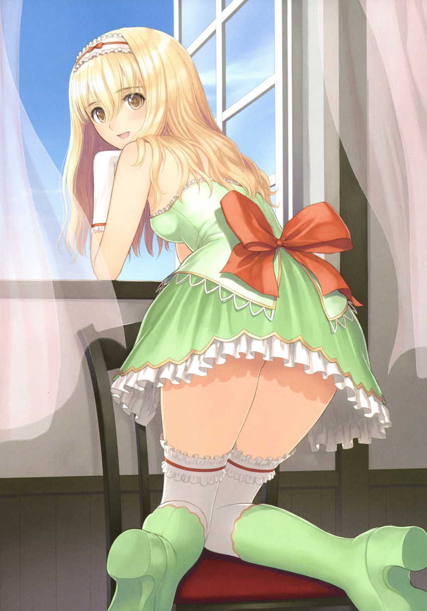 absurdres arm_support bangs bare_shoulders blonde_hair boots bow brown_eyes chair dress elbow_gloves elmina_(shining_wind_x) elmina_rodelia eyebrows_visible_through_hair frilled_legwear frilled_skirt frills from_behind full_body gloves green_dress green_footwear hairband highres indoors knee_boots kneeling long_hair looking_at_viewer looking_back open_mouth ribbon scan shining_(series) shining_wind shining_wind_x short_dress skirt smile solo strapless strapless_dress tanaka_takayuki thighhighs white_gloves window