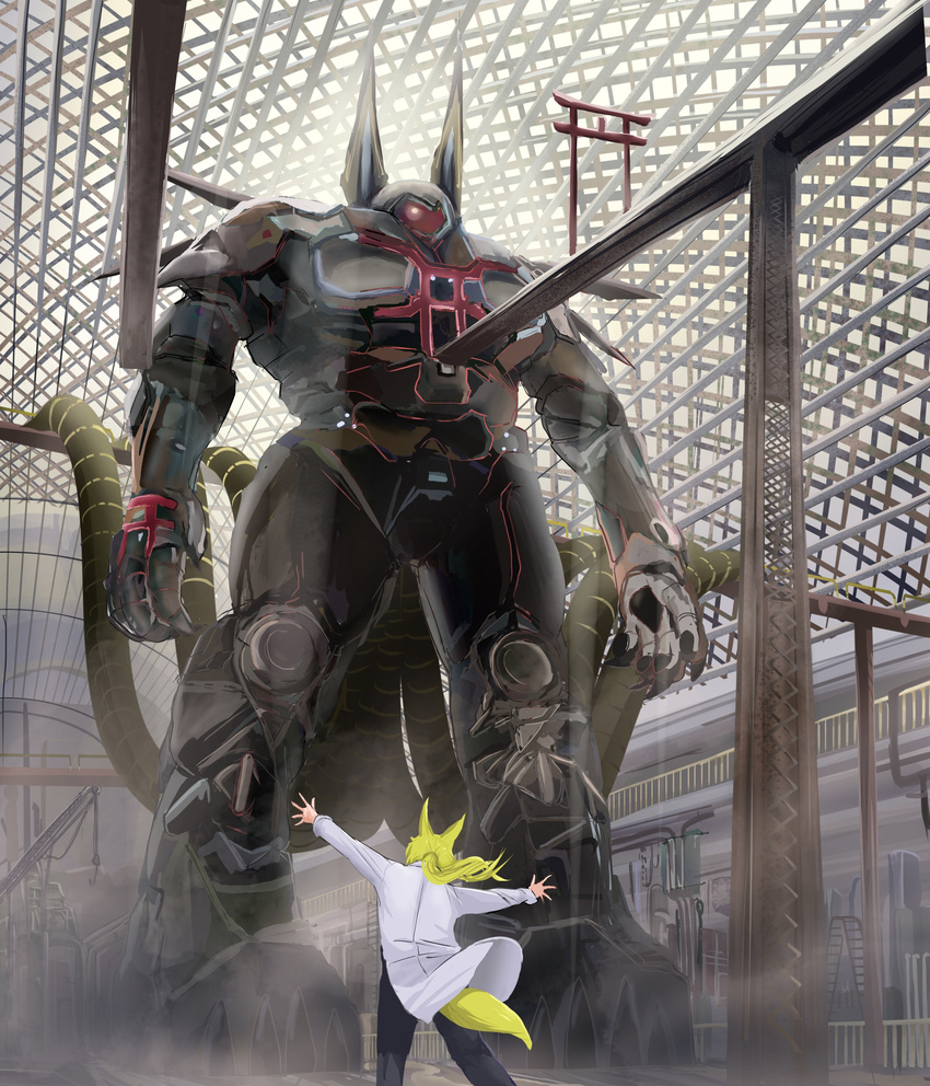 absurdres animal_ears black_pants blonde_hair cable commentary_request crane doitsuken fox_boy fox_ears fox_tail from_behind hangar highres mecha original outstretched_arms pants pillar robot scientist spread_arms tail torii white_coat yellow_fur