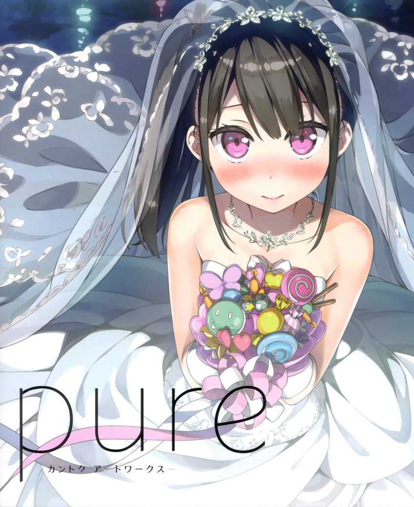 3: absurdres bangs bare_shoulders black_hair blush bouquet breasts bridal_veil bride closed_mouth dress flower from_above gloves hair_ribbon highres jewelry kantoku long_hair looking_at_viewer necklace original plaid purple_eyes ribbon scan shizuku_(kantoku) side_ponytail sidelocks small_breasts solo strapless strapless_dress tsurime veil wedding_dress white_dress white_gloves