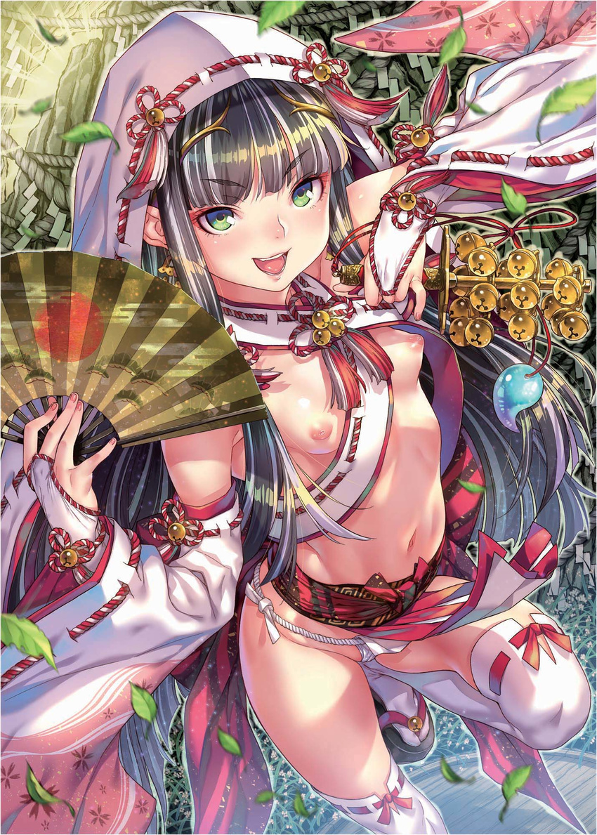 :d areolae bangs bell between_breasts blunt_bangs breasts bridal_gauntlets cowboy_shot detached_sleeves earrings eyebrows eyebrows_visible_through_hair fan fingernails folding_fan fundoshi green_eyes groin hands_up highres holding holding_fan japanese_clothes jewelry jingle_bell kagura_suzu kink leg_up loincloth looking_at_viewer magatama midriff nail_polish navel nipples open_mouth original petals pink_lips pink_nails puffy_nipples red_ribbon revealing_clothes ribbon ribbon-trimmed_legwear ribbon-trimmed_sleeves ribbon_trim sandals short_eyebrows small_breasts smile solo standing standing_on_one_leg stomach tabi tassel teeth thighhighs tongue veil white_legwear wide_sleeves