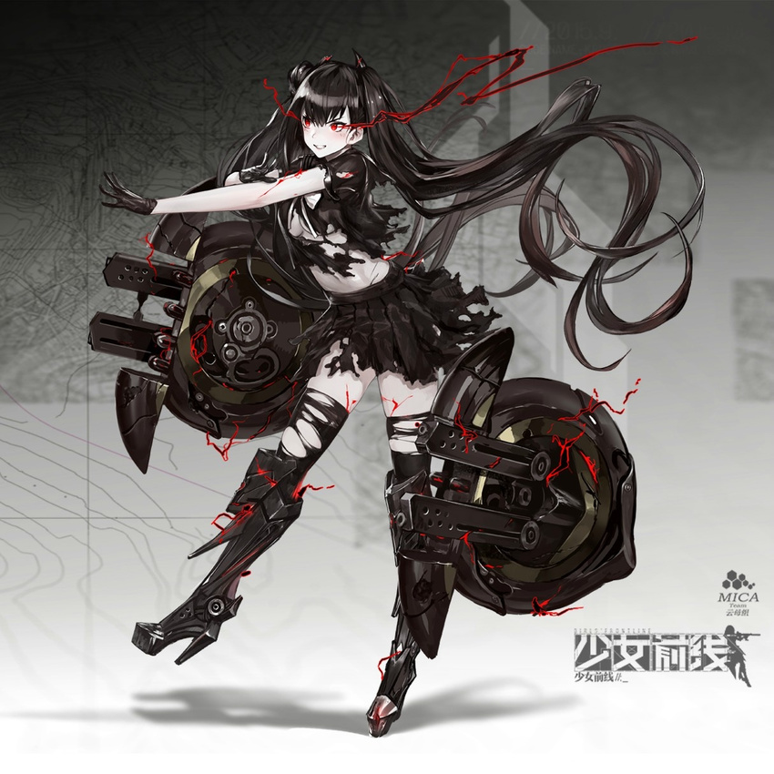 armor armored_boots black_footwear black_gloves black_hair black_legwear black_serafuku black_shirt black_skirt boots breasts burning_eyes cleavage floating_hair full_body girls_frontline gloves high_heel_boots high_heels highres infukun knee_boots long_hair medium_breasts midriff miniskirt navel ouroboros_(girls_frontline) outstretched_arm platform_boots platform_footwear pleated_skirt red_eyes school_uniform serafuku shirt short_sleeves skirt smile solo standing stomach thighhighs torn_clothes torn_legwear torn_shirt torn_skirt twintails underboob very_long_hair