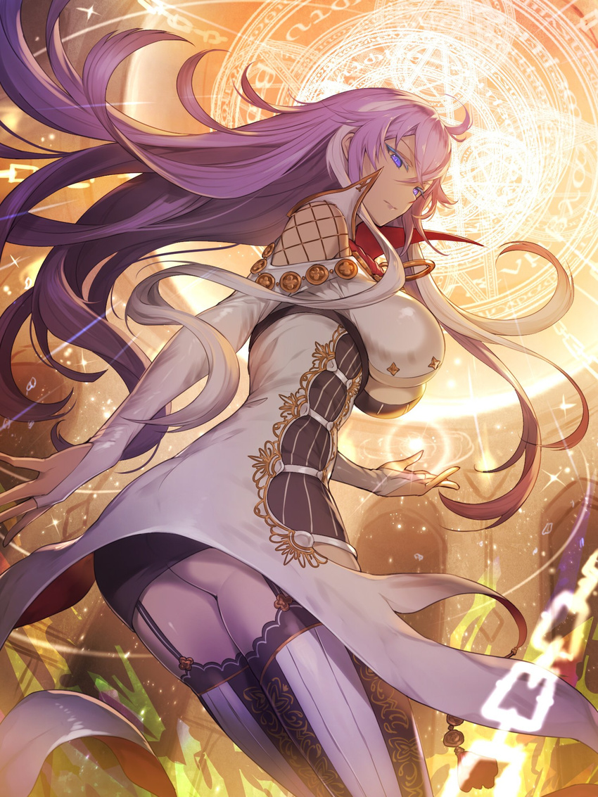 ass black_skirt blue_eyes breasts breasts_apart bridal_gauntlets chain dress floating_hair from_below garter_straps hair_between_eyes highres isabelle_(shadowverse) kakage large_breasts long_hair magic_circle miniskirt multicolored_hair purple_hair shadowverse shiny shiny_skin silver_hair skirt solo thighhighs two-tone_hair very_long_hair white_dress