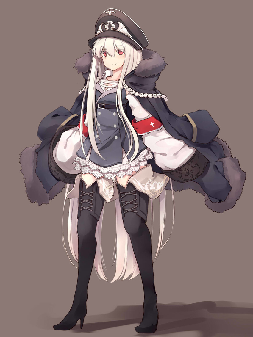 ahokoo armband bangs black_coat black_footwear black_hat black_skirt bolt_action boots breasts brown_background closed_mouth coat collarbone eyebrows_visible_through_hair full_body fur-trimmed_coat fur_trim girls_frontline gun hair_between_eyes hat highres iron_cross jacket_on_shoulders kar98k_(girls_frontline) long_hair looking_at_viewer mauser_98 peaked_cap red_eyes skirt sleeves_past_wrists small_breasts smile solo standing thigh_boots thighhighs very_long_hair weapon white_hair wide_sleeves