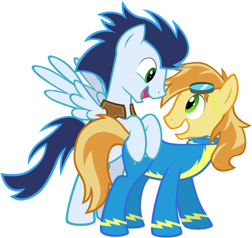 blue_feathers blue_hair braeburn_(mlp) duo earth_pony equine feathered_wings feathers feral friendship_is_magic fur green_eyes hair horse low_res male mammal maximillianveers my_little_pony pegasus pony soarin_(mlp) wings wonderbolts_(mlp) wonderbolts_uniform