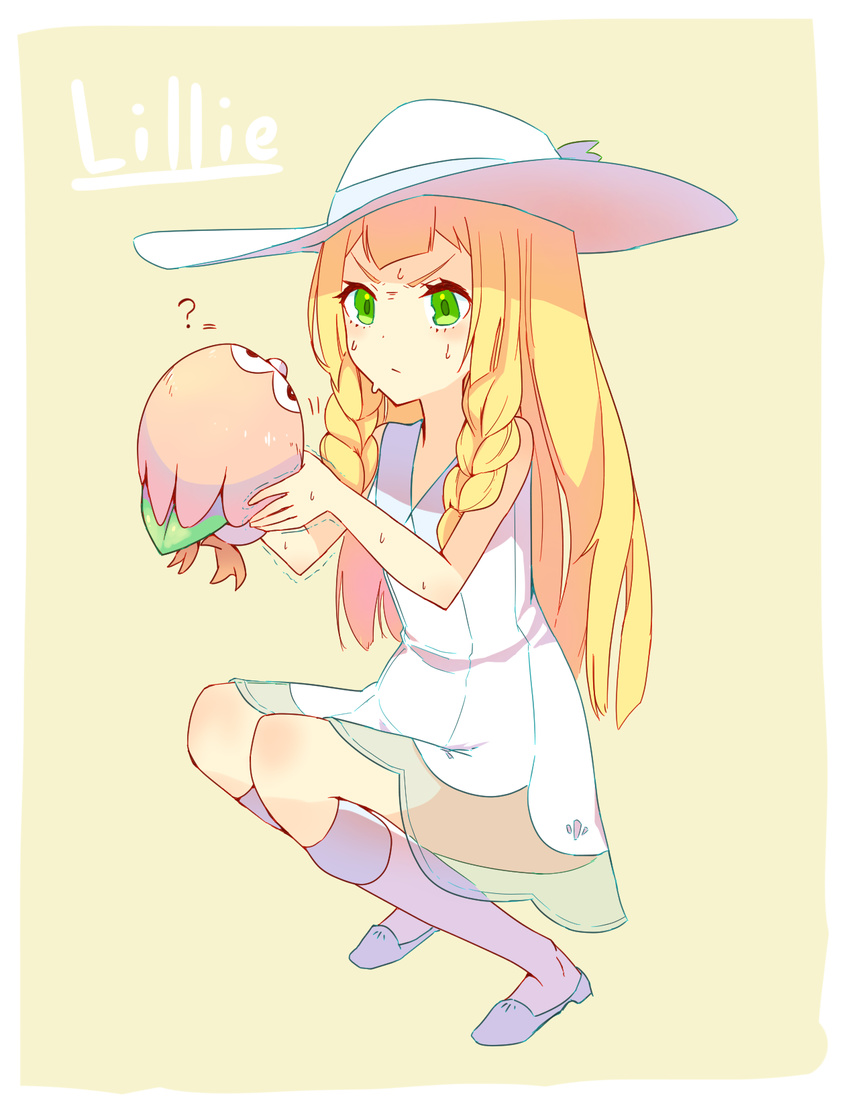 1girl ? bare_shoulders beige_background bird blonde_hair blue_bow blush border bow braid character_name dress english full_body green_eyes hands_up hat hat_bow highres kaerunoko kneehighs lillie_(pokemon) long_hair nervous pokemon pokemon_(creature) pokemon_(game) pokemon_sm rowlet see-through shoes simple_background sleeveless sleeveless_dress socks squatting sun_hat sweat text trembling twin_braids white_border white_dress white_hat white_shoes white_socks