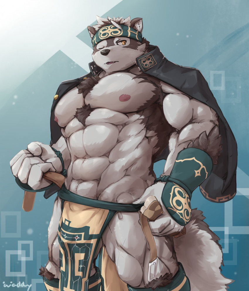 armor brown_fur bulge clothing fur gauntlets gloves headband horkeukamui jackets loincloth male muscular muscular_male nipples one_eye_closed over_shoulders tokyo_afterschool_summoners waddledox white_fur yellow_eyes